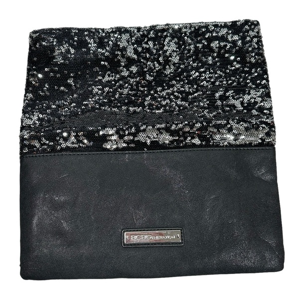 BCBGeneration Black Leather Silver Sequin Foldover Evening Clutch Zipper - Picture 7 of 9